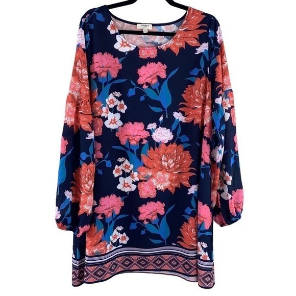 UMGEE Women’s Floral Print Boho Festival Puff Sleeve Mini Shift Dress Sz L - Picture 1 of 11